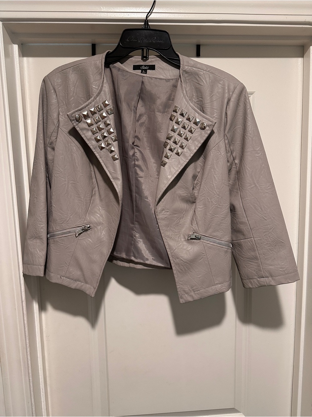 Selé Studded Faux Leather Crop Jacket - Light Gray and Silver